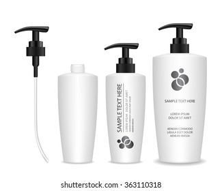 Cosmetic plastic bottle with black dispenser pump. Liquid container for gel, lotion, cream, shampoo, bath foam. Beauty product package, vector illustration.