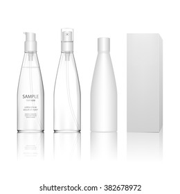 Cosmetic plastic bottle with different caps (spray, dispenser pump). Liquid container for gel, lotion, cream, shampoo, bath foam. Beauty product package (transparent). Vector illustration.