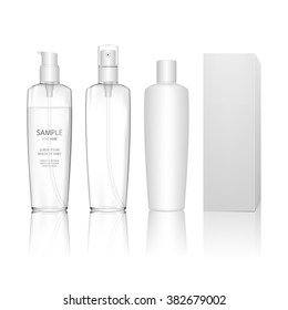 Cosmetic plastic bottle with different caps (spray, dispenser pump). Liquid container for gel, lotion, cream, shampoo, bath foam. Beauty product package (transparent). Vector illustration.