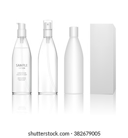Cosmetic plastic bottle with different caps (spray, dispenser pump). Liquid container for gel, lotion, cream, shampoo, bath foam. Beauty product package (transparent). Vector illustration.