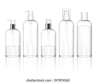 Cosmetic plastic bottle with different caps (spray, dispenser pump). Liquid container for gel, lotion, cream, shampoo, bath foam. Beauty product package (transparent). Vector illustration.