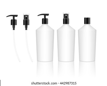 Cosmetic plastic bottle with different caps (spray, dispenser pump).  Liquid container for gel, lotion, cream, shampoo, bath foam. Beauty product package. Vector illustration.