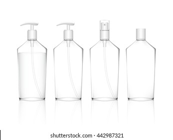 Cosmetic plastic bottle with different caps (spray, dispenser pump). Liquid container for gel, lotion, cream, shampoo, bath foam. Beauty product package (transparent). Vector illustration.