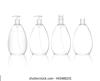 Frasco de plástico estético con diferentes tapas (pulverización, bomba dosificadora). Recipiente líquido para gel, loción, crema, champú, espuma de baño. Paquete de productos de belleza (transparente).  Ilustración vectorial.