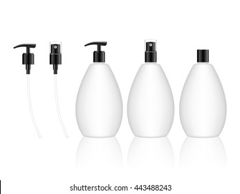 Cosmetic plastic bottle with different caps (spray, dispenser pump). Liquid container for gel, lotion, cream, shampoo, bath foam. Beauty product package. Vector illustration.