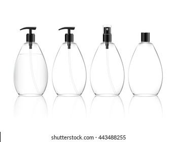 Cosmetic plastic bottle with different caps (spray, dispenser pump). Liquid container for gel, lotion, cream, shampoo, bath foam. Beauty product package (transparent). Vector illustration.