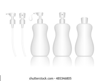 Cosmetic plastic bottle with different caps (spray, dispenser pump). Liquid container for gel, lotion, cream, shampoo, bath foam. Beauty product package. Vector illustration.