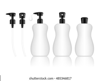 Cosmetic plastic bottle with different caps (spray, dispenser pump). Liquid container for gel, lotion, cream, shampoo, bath foam. Beauty product package. Vector illustration.