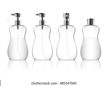 Cosmetic plastic bottle with different caps (spray, dispenser pump). Liquid container for gel, lotion, cream, shampoo, bath foam. Beauty product package (transparent). Vector illustration.