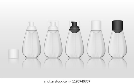 Cosmetic plastic bottle with dispenser pump (transparent). Liquid container for gel, lotion, cream, shampoo, bath foam. Beauty product package. Vector illustration.