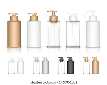 Cosmetic plastic bottle with dispenser pump. Liquid container for gel, lotion, cream, shampoo, bath foam (transparent). Beauty product package. Vector illustration.