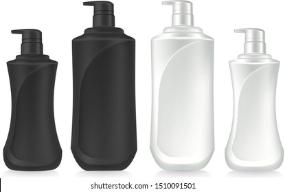 Cosmetic plastic bottle with dispenser pump. Liquid container for gel, lotion, cream, shampoo, bath foam. Beauty product package, vector illustration.