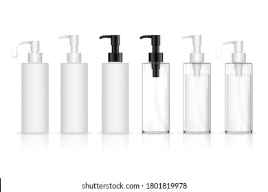 Cosmetic plastic bottle with dispenser pump. Transparent liquid container for gel, lotion, cream, shampoo, bath foam. Beauty product package, vector illustration.