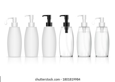 Cosmetic plastic bottle with dispenser pump. Transparent liquid container for gel, lotion, cream, shampoo, bath foam. Beauty product package, vector illustration.