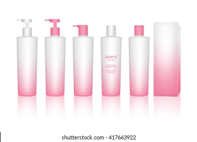 Cosmetic plastic bottle with dispenser pump. Liquid container for gel, lotion, cream. Beauty product package, vector illustration.