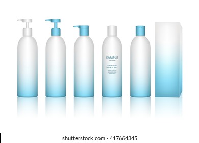 Cosmetic plastic bottle with dispenser pump. Liquid container for gel, lotion, cream. Beauty product package, vector illustration.