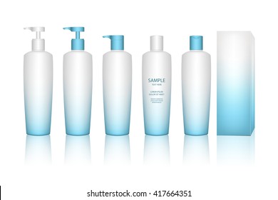Cosmetic plastic bottle with dispenser pump. Liquid container for gel, lotion, cream. Beauty product package, vector illustration.