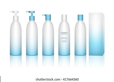Cosmetic plastic bottle with dispenser pump. Liquid container for gel, lotion, cream. Beauty product package, vector illustration.