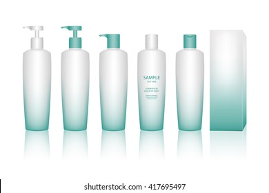 Cosmetic plastic bottle with dispenser pump. Liquid container for gel, lotion, cream. Beauty product package, vector illustration.