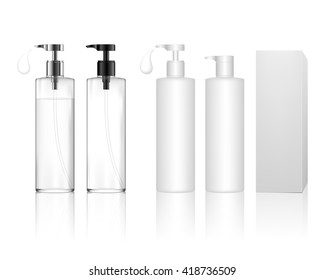 Cosmetic plastic bottle with dispenser pump (transparent). Liquid container for gel, lotion, cream. Beauty product package, vector illustration.