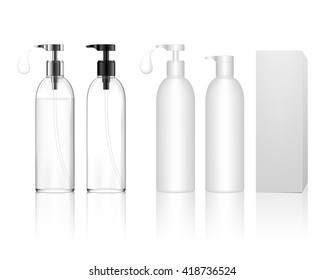 Kosmetische Plastikflasche mit Spender-Pumpe (durchsichtig). Flüssiger Behälter für Gel, Lotion, Creme.Schönheitspaket, Vektorgrafik.
