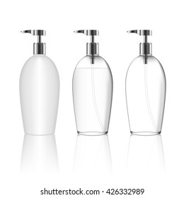 Cosmetic plastic bottle with dispenser pump (transparent). Liquid container for gel, lotion, cream, shampoo, bath foam. Beauty product package, vector illustration.