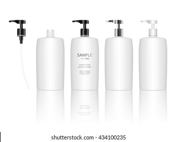 Cosmetic plastic bottle with dispenser pump. Liquid container for gel, lotion, cream, shampoo, bath foam. Beauty product package, vector illustration.