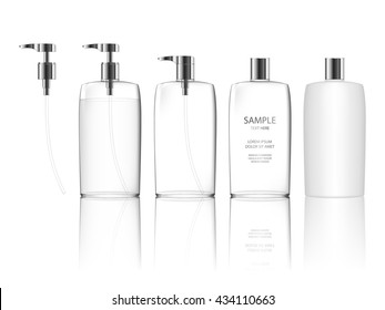 Frasco de plástico estético con bomba dosificadora (transparente).  Recipiente líquido para gel, loción, crema, champú, espuma de baño.Paquete de producto de belleza, ilustración vectorial.