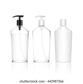 Cosmetic plastic bottle with dispenser pump (transparent). Liquid container for gel, lotion, cream, shampoo, bath foam. Beauty product package. Vector illustration.