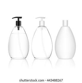 Cosmetic plastic bottle with dispenser pump (transparent). Liquid container for gel, lotion, cream, shampoo, bath foam. Beauty product package. Vector illustration.