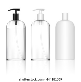 Cosmetic plastic bottle with dispenser pump (transparent). Liquid container for gel, lotion, cream, shampoo, bath foam. Beauty product package. Vector illustration.