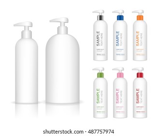Cosmetic plastic bottle with dispenser pump. Liquid container for gel, lotion, cream, shampoo, bath foam. Beauty product package, vector illustration.
