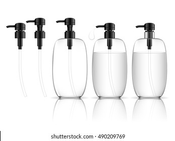 Cosmetic plastic bottle with dispenser pump (transparent). Liquid container for gel, lotion, cream, shampoo, bath foam. Beauty product package. Vector illustration.