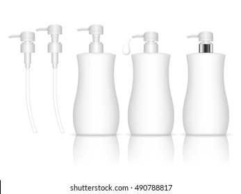 Cosmetic plastic bottle with dispenser pump. Liquid container for gel, lotion, cream, shampoo, bath foam. Beauty product package. Vector illustration.