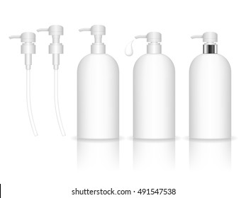 Cosmetic plastic bottle with dispenser pump. Liquid container for gel, lotion, cream, shampoo, bath foam. Beauty product package. Vector illustration.