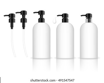 Cosmetic plastic bottle with dispenser pump. Liquid container for gel, lotion, cream, shampoo, bath foam. Beauty product package. Vector illustration.