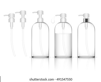 Cosmetic plastic bottle with dispenser pump (transparent). Liquid container for gel, lotion, cream, shampoo, bath foam. Beauty product package. Vector illustration.