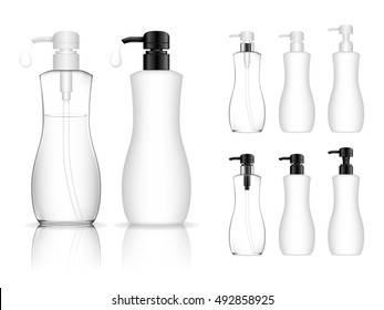 Cosmetic plastic bottle with dispenser pump. Liquid container for gel, lotion, cream, shampoo, bath foam. Beauty product package. Vector illustration.