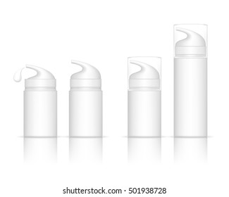 Cosmetic plastic bottle with dispenser pump. Liquid container for gel, lotion, cream. Beauty product package, vector illustration.