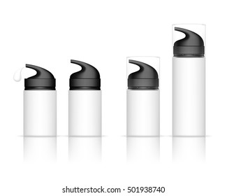 Cosmetic plastic bottle with dispenser pump. Liquid container for gel, lotion, cream. Beauty product package, vector illustration.