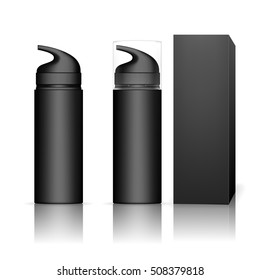 Cosmetic plastic bottle with dispenser pump. Liquid container for gel, lotion, cream. Beauty product package, vector illustration.