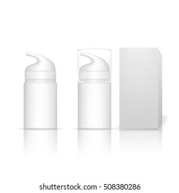 Cosmetic plastic bottle with dispenser pump. Liquid container for gel, lotion, cream. Beauty product package, vector illustration.