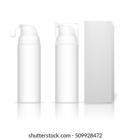 Cosmetic plastic bottle with dispenser pump. Liquid container for gel, lotion, cream. Beauty product package, vector illustration.