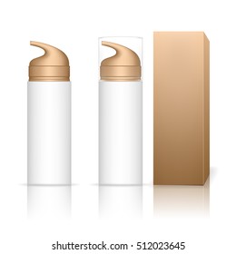 Cosmetic plastic bottle with dispenser pump. Liquid container for gel, lotion, cream. Beauty product package, vector illustration.