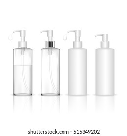 Cosmetic plastic bottle with dispenser pump (transparent). Liquid container for gel, lotion, cream, shampoo, bath foam. Beauty product package. Vector illustration.