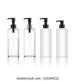 Frasco de plástico estético con bomba dosificadora (transparente). Recipiente líquido para gel, loción, crema, champú, espuma de baño. Paquete de productos de belleza. Ilustración vectorial.