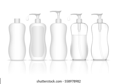 Cosmetic plastic bottle with dispenser pump (transparent). Liquid container for gel, lotion, cream, shampoo, bath foam. Beauty product package. Vector illustration.