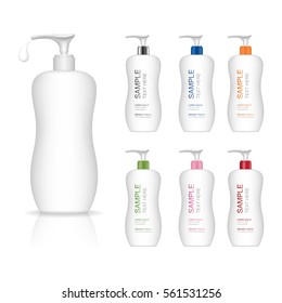Cosmetic plastic bottle with dispenser pump. Liquid container for gel, lotion, cream, shampoo, bath foam. Beauty product package. Vector illustration.