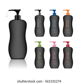 Cosmetic plastic bottle with dispenser pump. Liquid container for gel, lotion, cream, shampoo, bath foam. Beauty product package. Vector illustration.