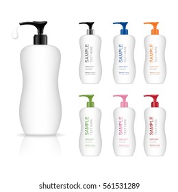 Cosmetic plastic bottle with dispenser pump. Liquid container for gel, lotion, cream, shampoo, bath foam. Beauty product package. Vector illustration.